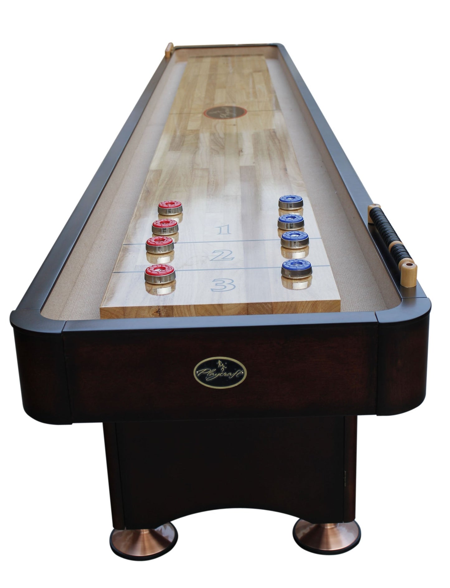 Playcraft Georgetown Shuffleboard Table with Storage Cabinet - Shuffle Board Game Table with Matching Abacus, 8 Pucks, Brush & Wax - Pro Climate Adjusters - Hand-Stained Espresso Finish - 14ft