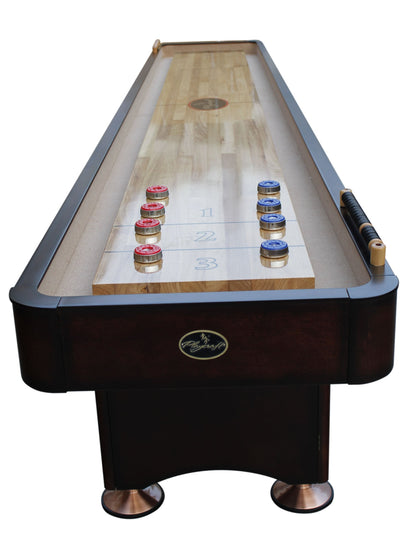Playcraft Georgetown Shuffleboard Table with Storage Cabinet - Shuffle Board Game Table with Matching Abacus, 8 Pucks, Brush & Wax - Pro Climate Adjusters - Hand-Stained Espresso Finish - 14ft