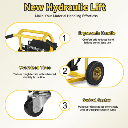 Hydraulic Material Lift, Pallet Jack Table Cart- 480-Lb. Capacity, 35in Lift. with Swivel Wheels, Steel Platform Board (03 Yellow, 480 LB)