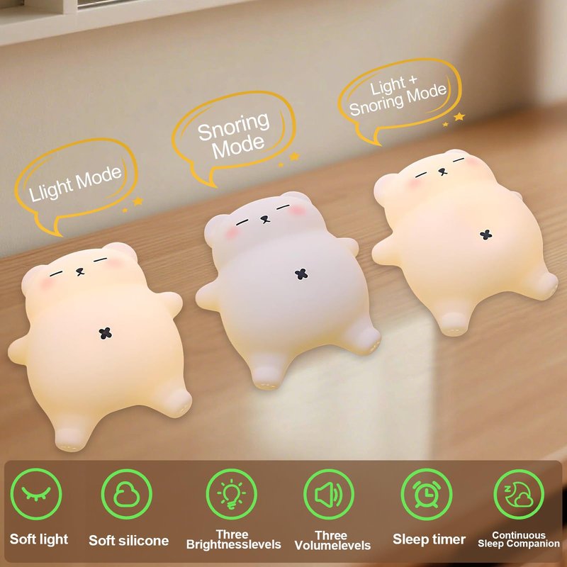 MAGOHMT Squishy Night Light for Kids, Bear Silicone Night Light - Rechargeable with Soothing Snore Sounds & Moving Tummy, 3-Level Dimming Touch Control