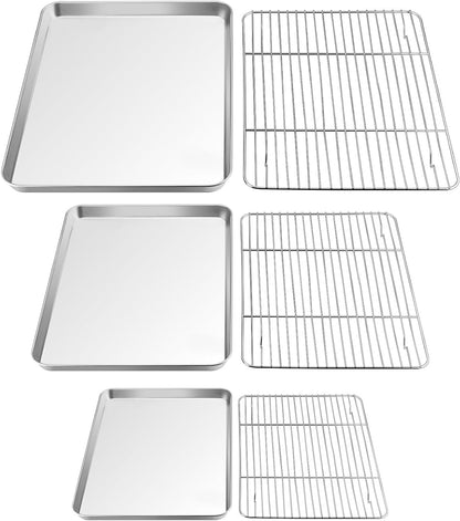 TeamFar Baking Sheet Set - 3 Stainless Steel Cookie Sheets with Racks | Non-Toxic, Heavy Duty, Dishwasher Safe, 16/12.5/9 Inch