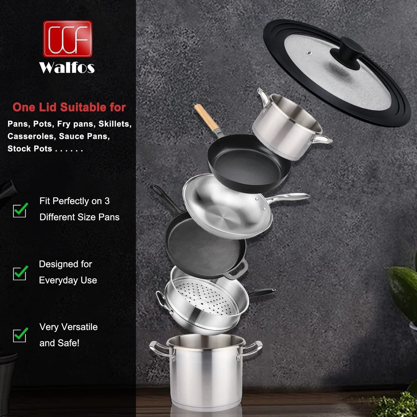 Universal Lid for Small Pots, Pans, Skillets & Frying Pan - Fits 6.5", 7" & 8" Diameter Cookware - Tempered Glass