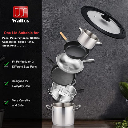 Universal Lid for Small Pots, Pans, Skillets & Frying Pan - Fits 6.5", 7" & 8" Diameter Cookware - Tempered Glass