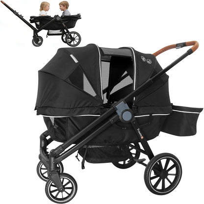 Freetex Wagon Stroller for 2 Kids, Double Seat, All-Terrain with Removable UV-Protection Canopy, Adjustable Push/Pull Handle, Cup Holders & Snack Tray for Baby and Toddler