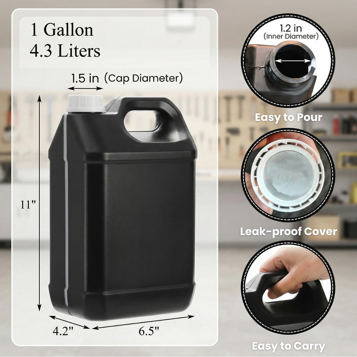 Hacaroa 3 Pack Plastic Storage Jug for Non-Flammable Liquid, 1 Gallon/4L HDPE Motor Oil Container with White Lid&Ergonomic Handle, Black Empty Bottle for Bleach, Detergent, Lubricant, Not for Fuel Use