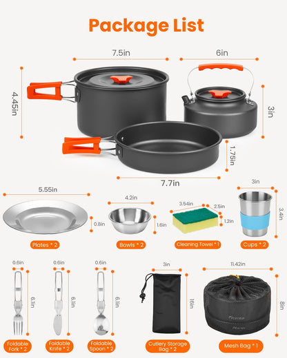 Fitense 21Pcs Camping Cookware Mess Kit for 2, Lightweight Camping Kitchen Pots and Pans Set, Portable Cooking Essentials for Backpacking, Hiking and Picnic