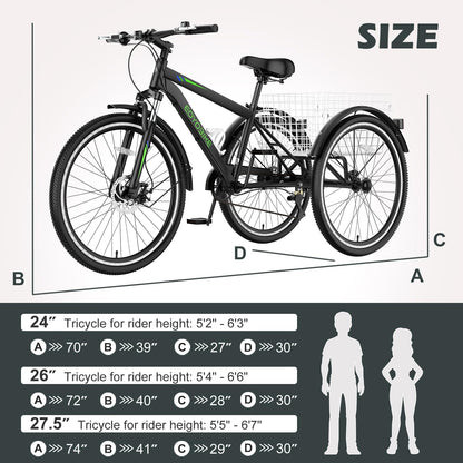 H&ZT Adult Tricycle, 3 Wheeled Bike, Trike Cruiser Bike, with 7-Speed Gear, Parking Brake Handle, Low Step, Large Rear Basket, Elderly Friendly, for Men, Women, and Teens