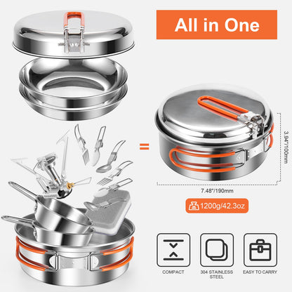 Odoland 15pcs Stainless Steel Camping Cookware Camping Pot and Pan Set with Portable Camping Stove Camping Mess Kit with Plates Bowls Forks Knives Spoons for Hiking Backpacking and Picnic