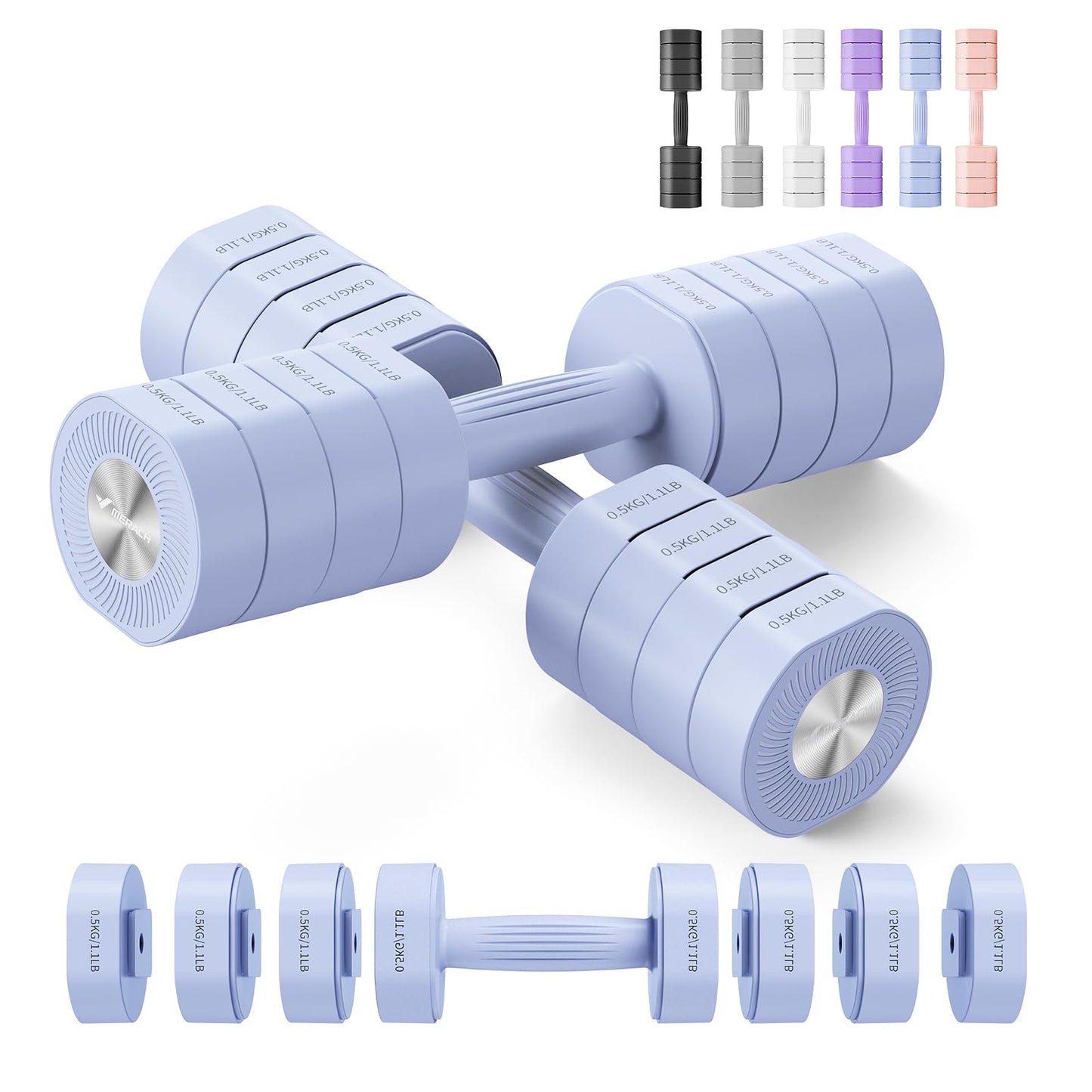 MERACH Dumbbell Set of 2, Adjustable Weight, Anti-slip Handle, Macaron Colors, Each 2.2/4.4/6.6/8.8 lbs, 4 in 1 Hand Weights for Women at Home