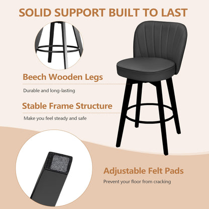 MINCETA 360° Swivel Bar Stools Set of 4, 26 Inch Counter Height Bar Stool with Shell Backrest, PU Leather Upholstered Bar Chair with with Footrest, for Kitchen Island, Home Bar, Dark Gray