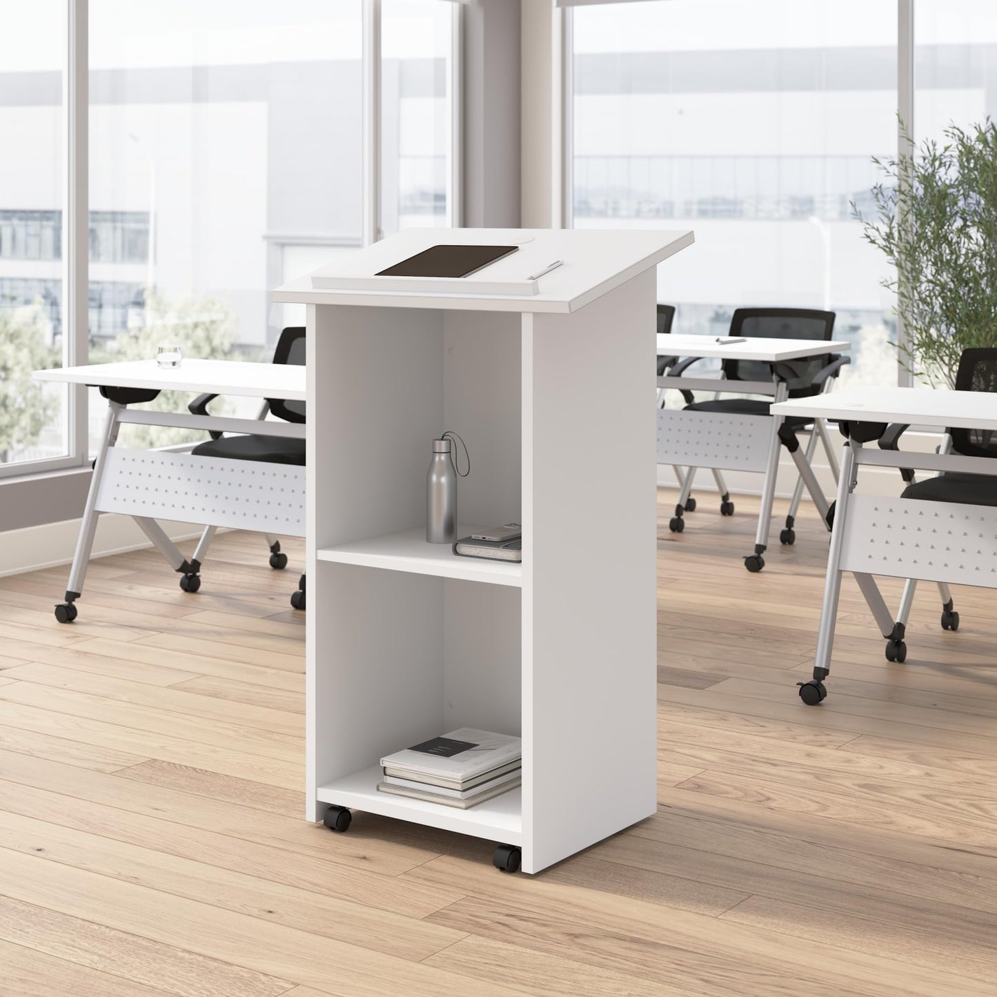Bush Business Furniture Podium Lectern, 48 inch Tall, Professional-Grade Mobile Presentation Stand Up with Shelves, Envision Collection, White