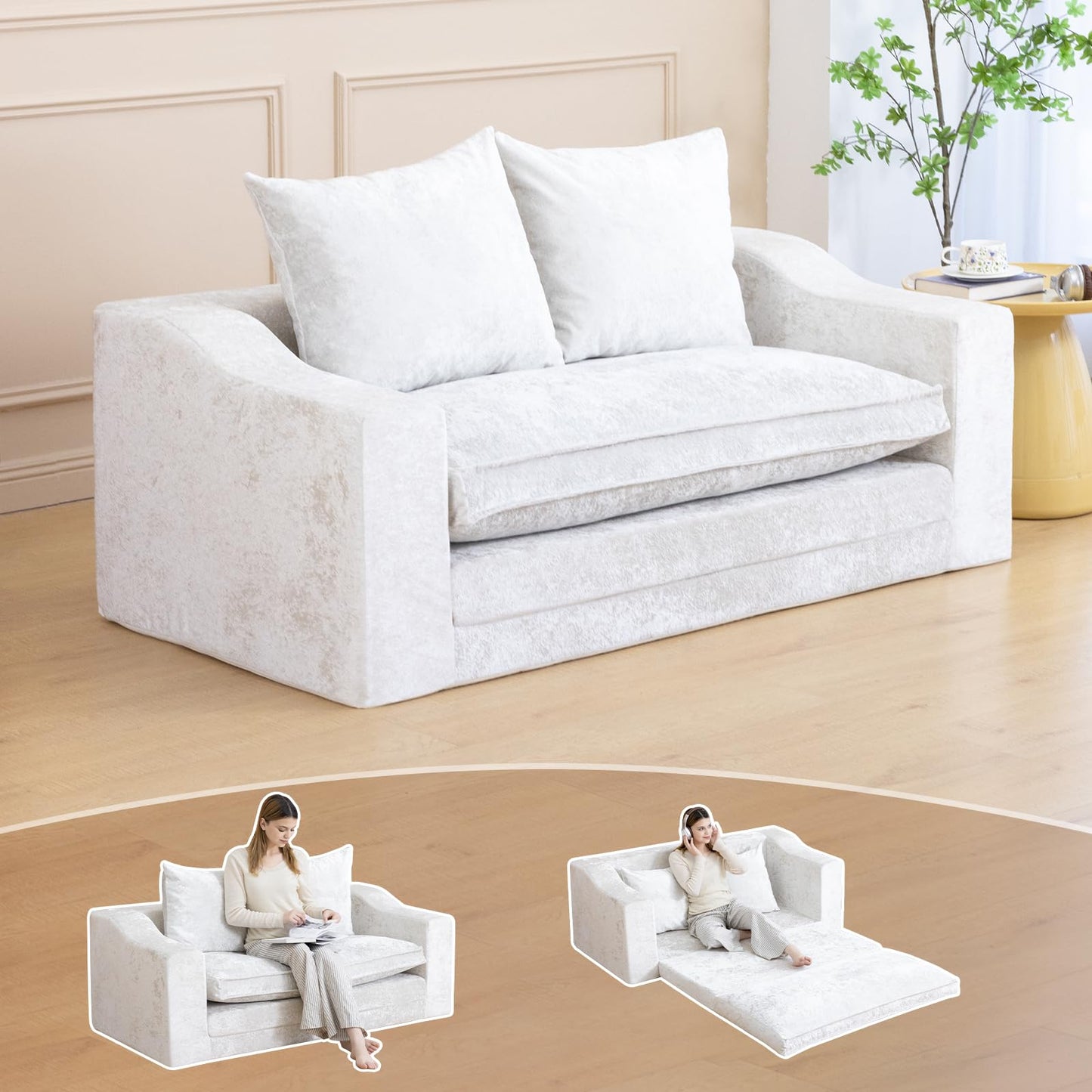 61" Convertible Sofa Bed Loveseat, Memory Foam Boneless Floor Couch with Removable Plush Velvet Cover, Tri-folding Compact Full-size Sleeper for Small Living Room, Playroom, Guest Room, RV (Off White)