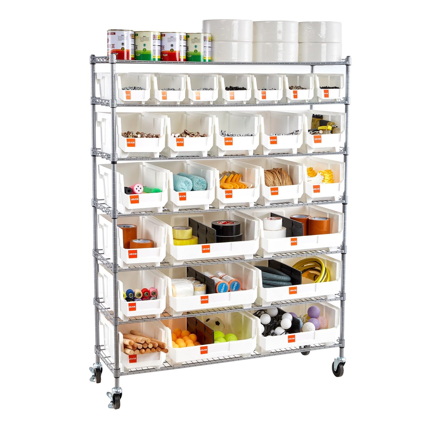 VEVOR 7-Tier Rolling Bin Storage Rack, 26 Organizer Bins, Bin Rack Storage Steel Wire Shelving System with Wheels, Mobile Tool Organizer for Garage, Warehouse, Office, Restaurant, Kitchen, Classroom