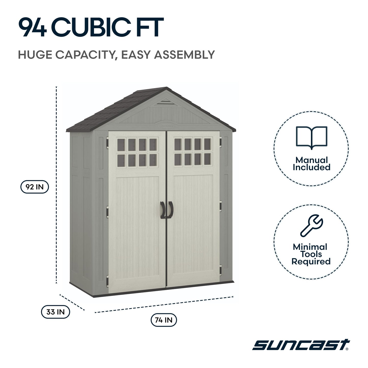 Suncast Everett 6x3 ft Vertical Storage Shed - Resin Outdoor Garden Shed with Floor, Windows, Skylight & Lockable Double Doors. Slim Yard Storage for Utility Tools & Backyard Equipment