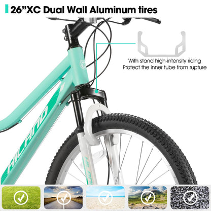 HH HILAND 26 Inch Womens Mountain Bike, with Step-Through Frame, 18 Speeds, Suspension Fork MTB, Bicycle for Women Men Adult Green
