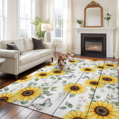 Area Rugs 8x10 for Living Room, Yellow Sunflowers Non Slip Washable Rug Runner, Summer Botanical Butterfly Leaves Wooden Low Pile Indoor Floor Carpet Mat Bathroom Rugs for Bedroom, Kids Room