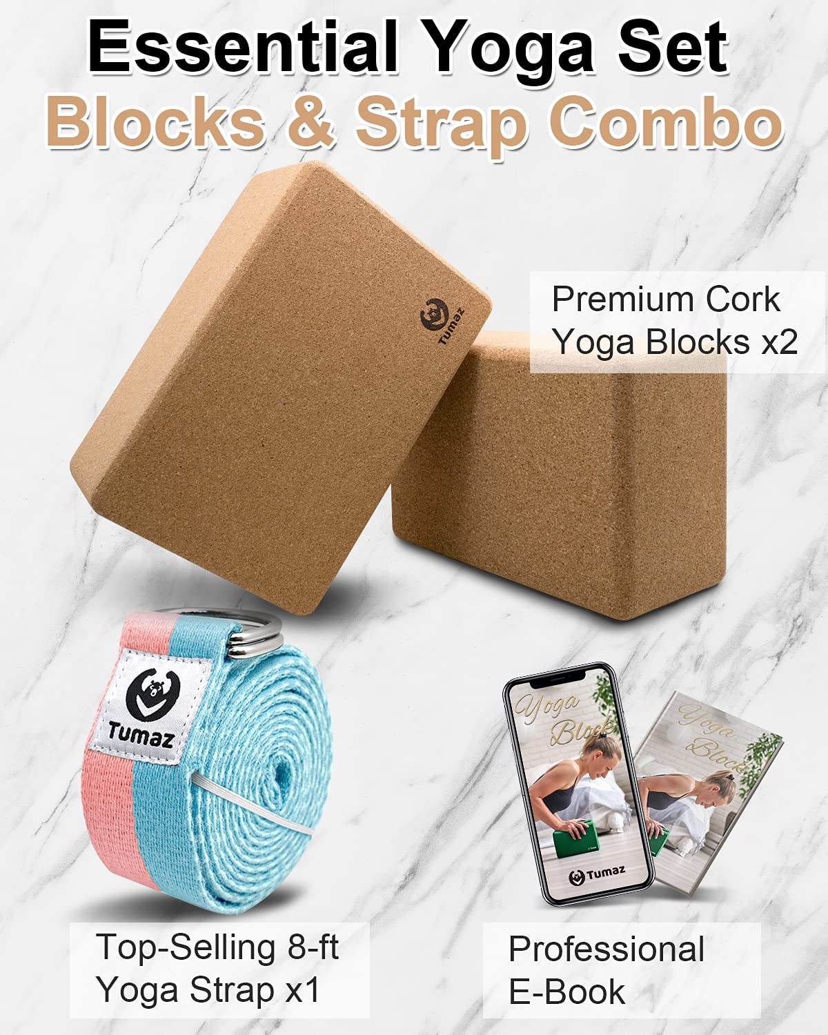 Tumaz Non-Slip Yoga Blocks 2-Pack - High Density/Lightweight EVA Foam & Natural Cork for Stability, Premium Set with E-Book Included
