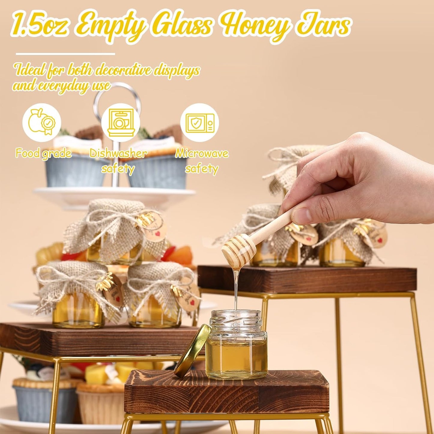 Funnymoom 30 Set 1.5 oz Mini Honey Jars Party Favors in Bulk Hexagon Glass Honey Jar with Dipper Bee Charms Thank You