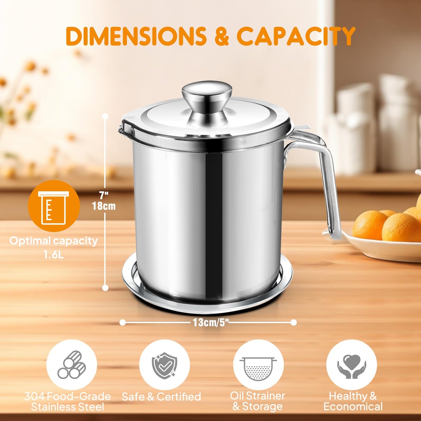 Chihee Grease Container Stainless Steel Bacon Grease Saver with Fine Mesh Strainer 2L / 67.6 fl oz Cooking Oil Keeper Stoarge Can with Dust-proof Lid Non-slip Tray for Kitchen Frying