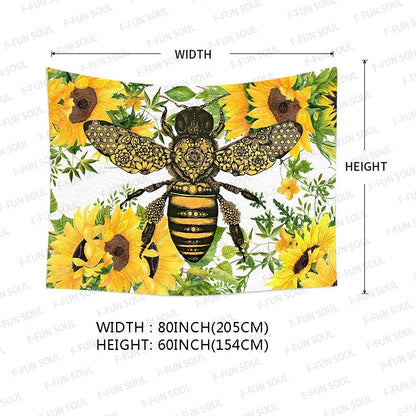 F-FUN SOUL Hippie Bee Tapestry, Large 80x60in Soft Flannel Sunflower Watercolor Art Wall Hanging