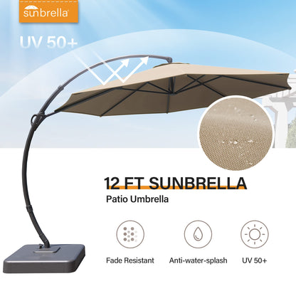 LAUSAINT HOME Sunbrella Outdoor Patio Umbrella with Base Included, 12 FT Deluxe Curvy Cantilever Umbrella Offset Hanging Umbrella with 360° Rotation for Market, Pool, Deck, Garden, Backyard