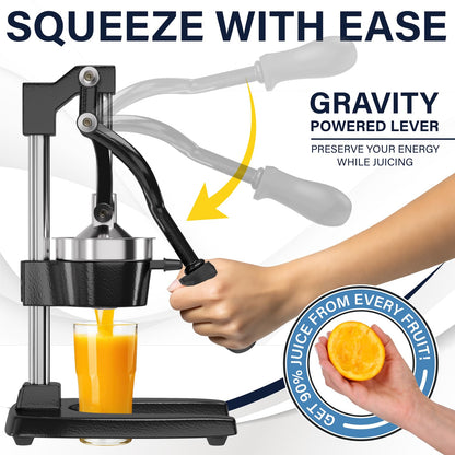 Eurolux Ultra-Premium Cast Iron Juicer | Extra-Large, Heavy Duty, Commercial Grade, Stainless Steel Manual Hand Press Citrus Squeezer For Fresh Orange Juice, Pomegranate, Lemon, and Much More (Black)
