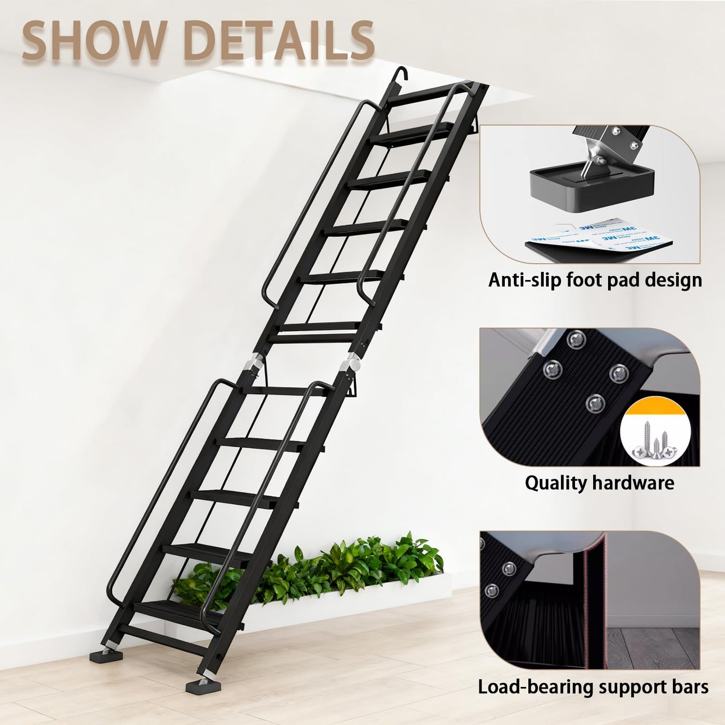 Foldable Aluminum Loft Stairs Ladder, 12 Step Folding Bunk Bed Ladders with Handrails, Portable Anti-Slip Egress Attic Ladder, Floor-Mounted Metal Roof Access Step Ladders for Dorm RV Home Attic Stair