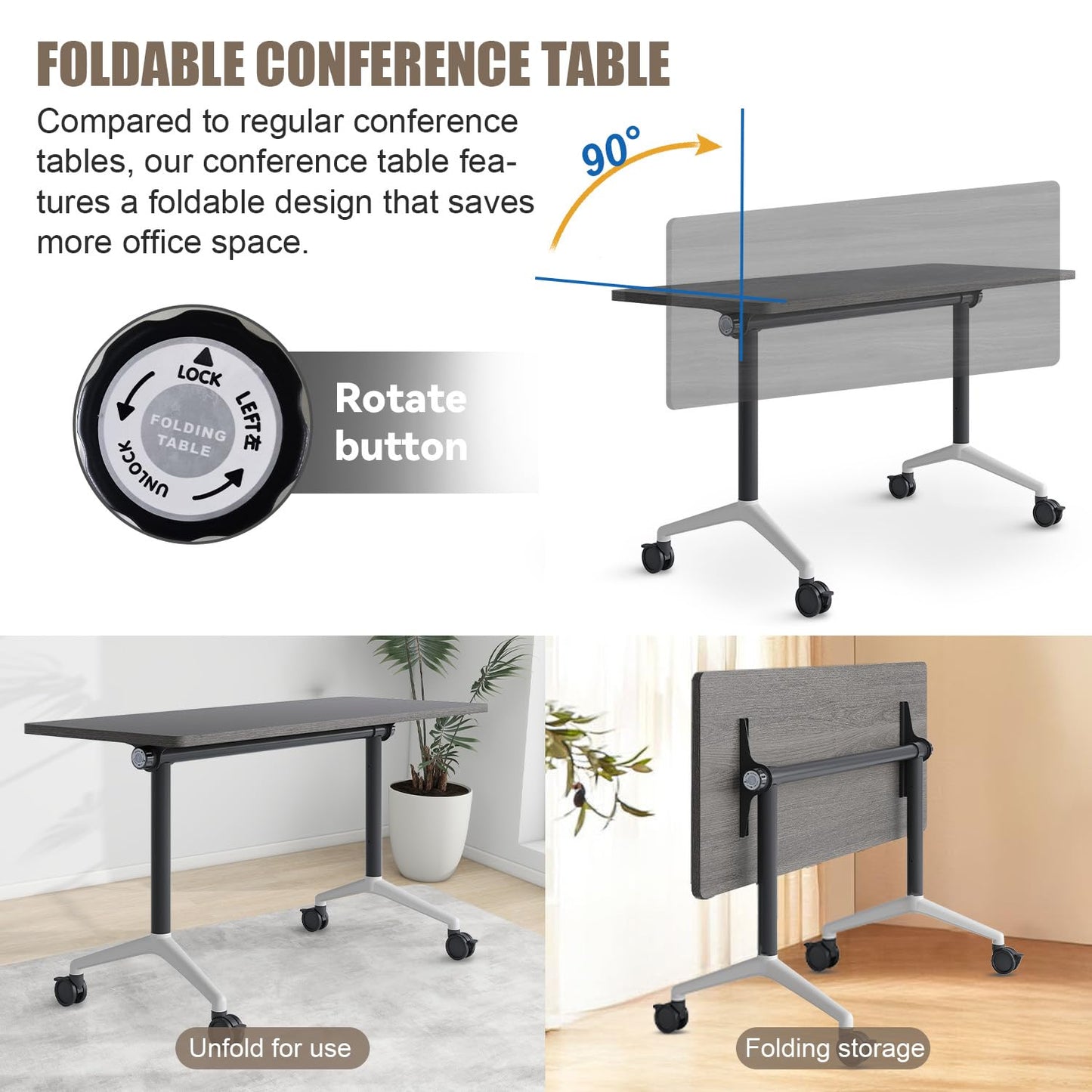 Folding Conference Room Tables, Seminar Conference Table Modern Flip Top Training Meeting Tables, Conference Room Table with Wheels for Home Office Classr,4 Pack 55.1inch