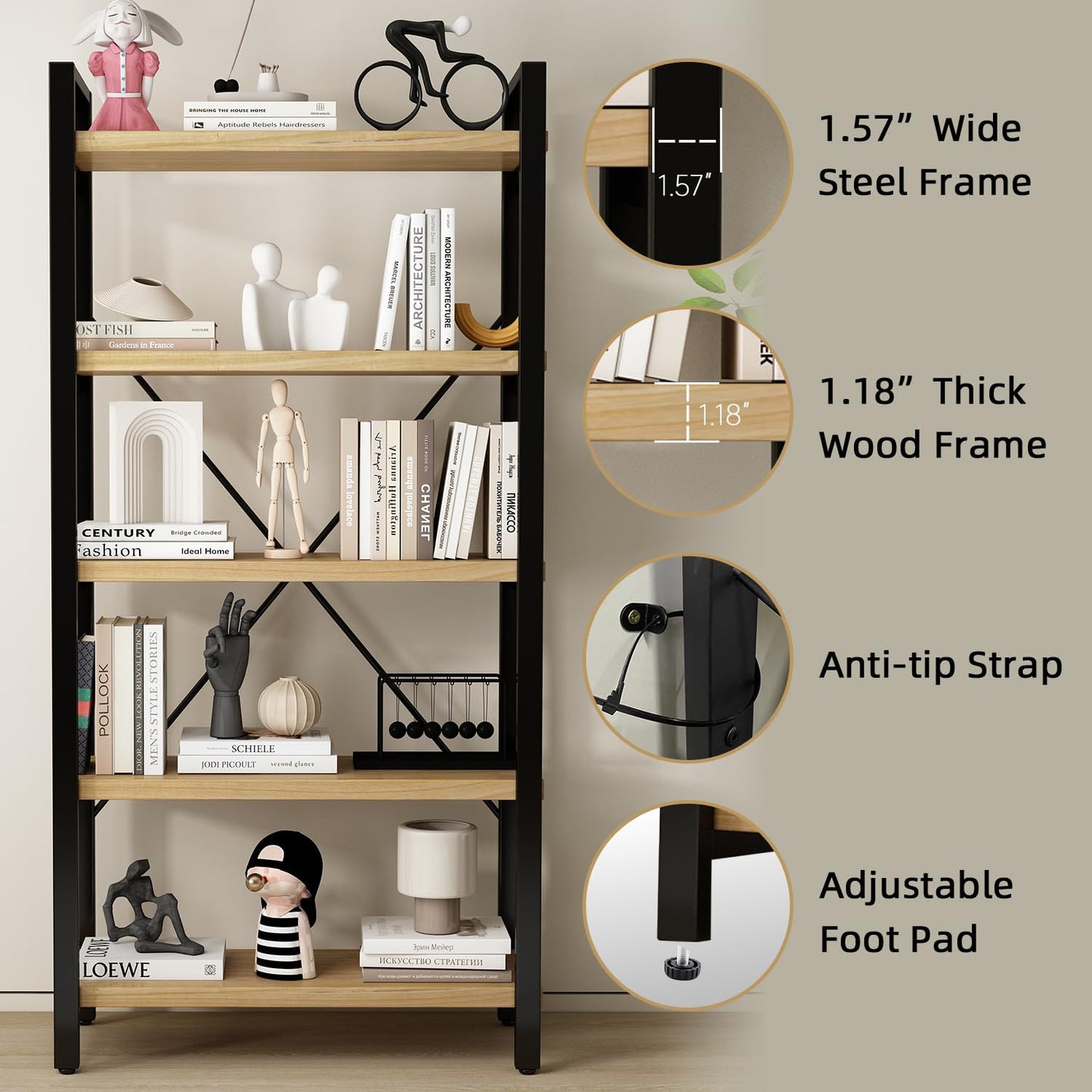 WH-AOERPUMY Real Solid Wood Bookshelf Shelves Rustic Vintage Industrial Etagere Bookshelf, Metal & Timber Free Vintage Bookcase, (Genuine Timber) (5-Tiers-Natural Finish)