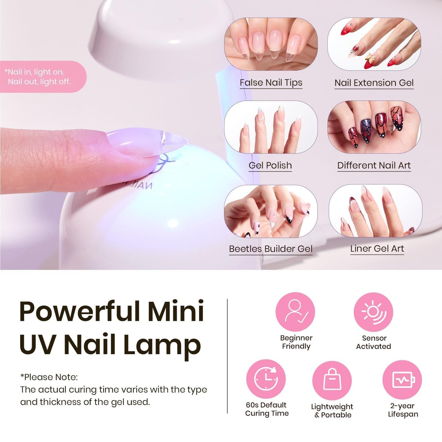 Beetles Tipex Instant Apex Nail Tips Kit, Coffin Long 224Pcs 16 Sizes Pre-Building & Pre-Etched Thicker Acrylic Nails False Nail Extension with Tipex Nail Glue Mini Nail Lamp
