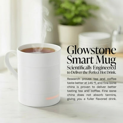 Glowstone Smart Heated Coffee Mug with Wireless Charging Base Self-Heating Made from Fine Bone China Electric Coffee Mug and Self Heating Mug Keeps Drinks Hot Stay Hot Electric Coffee Mug (White)