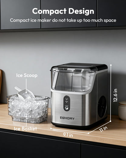 EUHOMY Nugget Ice Maker Countertop, Ready in 7 Mins, 34Lbs/24H Pebble Ice Maker Machine, Self-Cleaning Countertop Sonic Ice Makers with Ice Scoop&Basket, Pellet Ice Maker for Home, Stainless Steel
