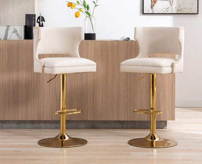 EALSON Leather Bar Stools Set of 2 Swivel Counter Height Barstools with Back Adjustable Bar Chairs with Gold Base Modern Upholstered Kitchen Island Stools for Home Bar Dining Room, PU Beige