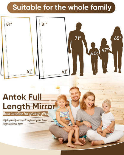 Antok Full Length Mirror, 81"x41" Floor Mirror, Floor Standing Freestanding Full Body Mirror with Stand for Bedroom, Hanging Mounted for Living Room Cloakroom, Black
