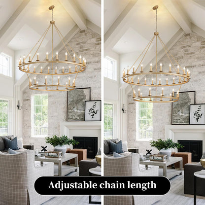 QJMPP Gold Wagon Wheel Chandelier 2 Tier 53-Inch 36-Light,Extra Large Circle Rustic Farmhouse Light Fixture,Round Metal Chandeliers for Foyer Entryway Dining Room Living Room High Ceilings