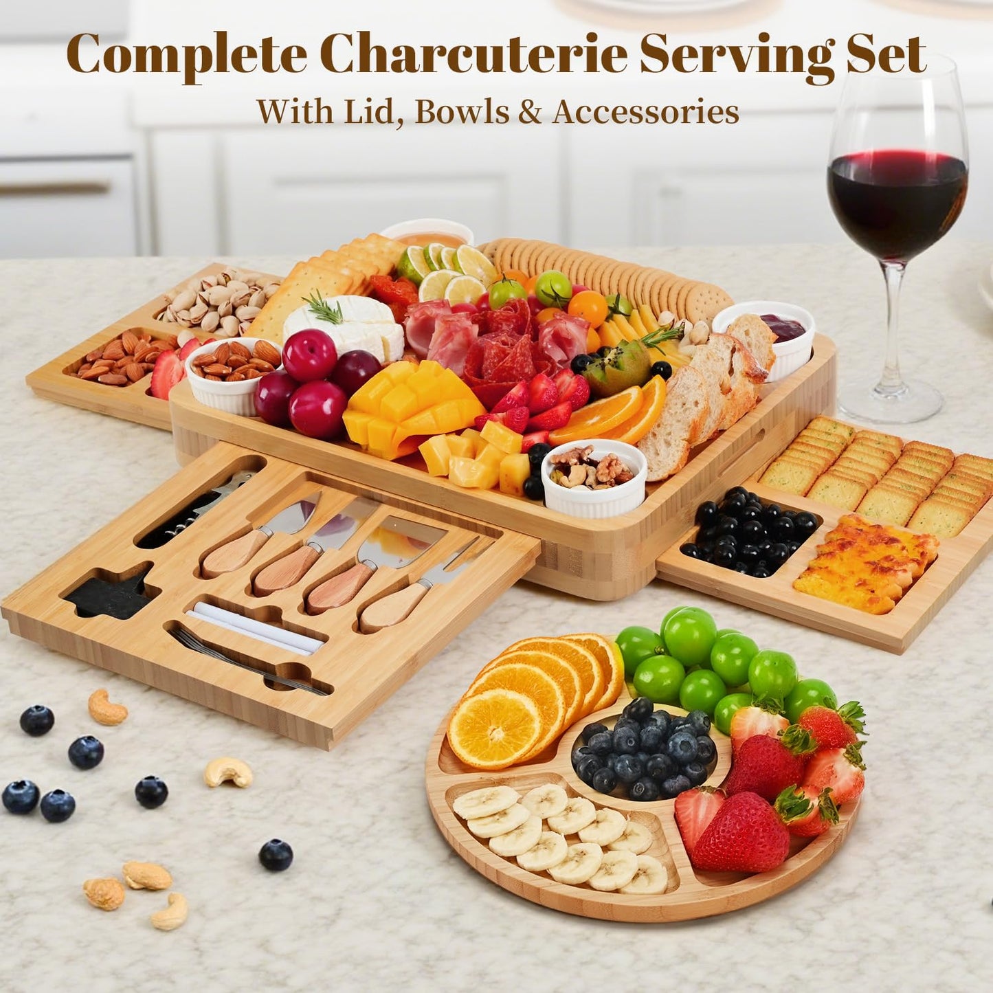 CAWIU Charcuterie Board with Lid – Large Bamboo Cheese Board Set with Utensils & Drawers – Housewarming, Wedding Gifts for Couples, Serving Tray with Cover (Black)