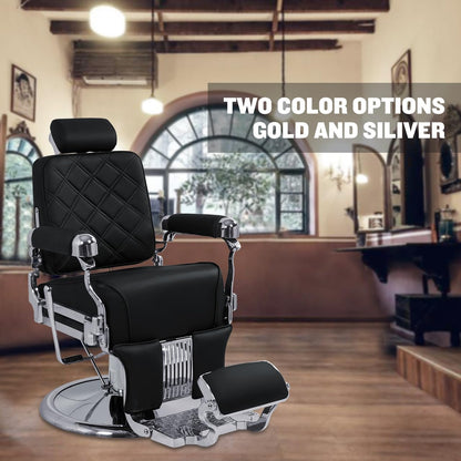 MyS Heavy Duty Barber Chair – 700 lbs Capacity Industrial Hydraulic Reclining Salon Chair, 135° Reclining with Stainless Steel Leather (Silver)