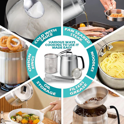 68oz 3-in-1 304 Stainless Steel Oil Filter Pot with Fine Mesh Oil Strainer & Tong, Heat-Resistant Handle, 2LCapacity Bacon Grease Container for Kitchen & Camping,Multi-Functional Frying Oil Container.