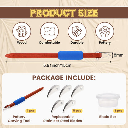 Lanties Pottery Carving Tools Set Include 5 Stainless Steel Blades & Red Pear Wood Handle, Sculpture Scraper Craft Modelling Tools for Clay, Ceramic Sculpting, Graffito, Relief Art (V-tip)