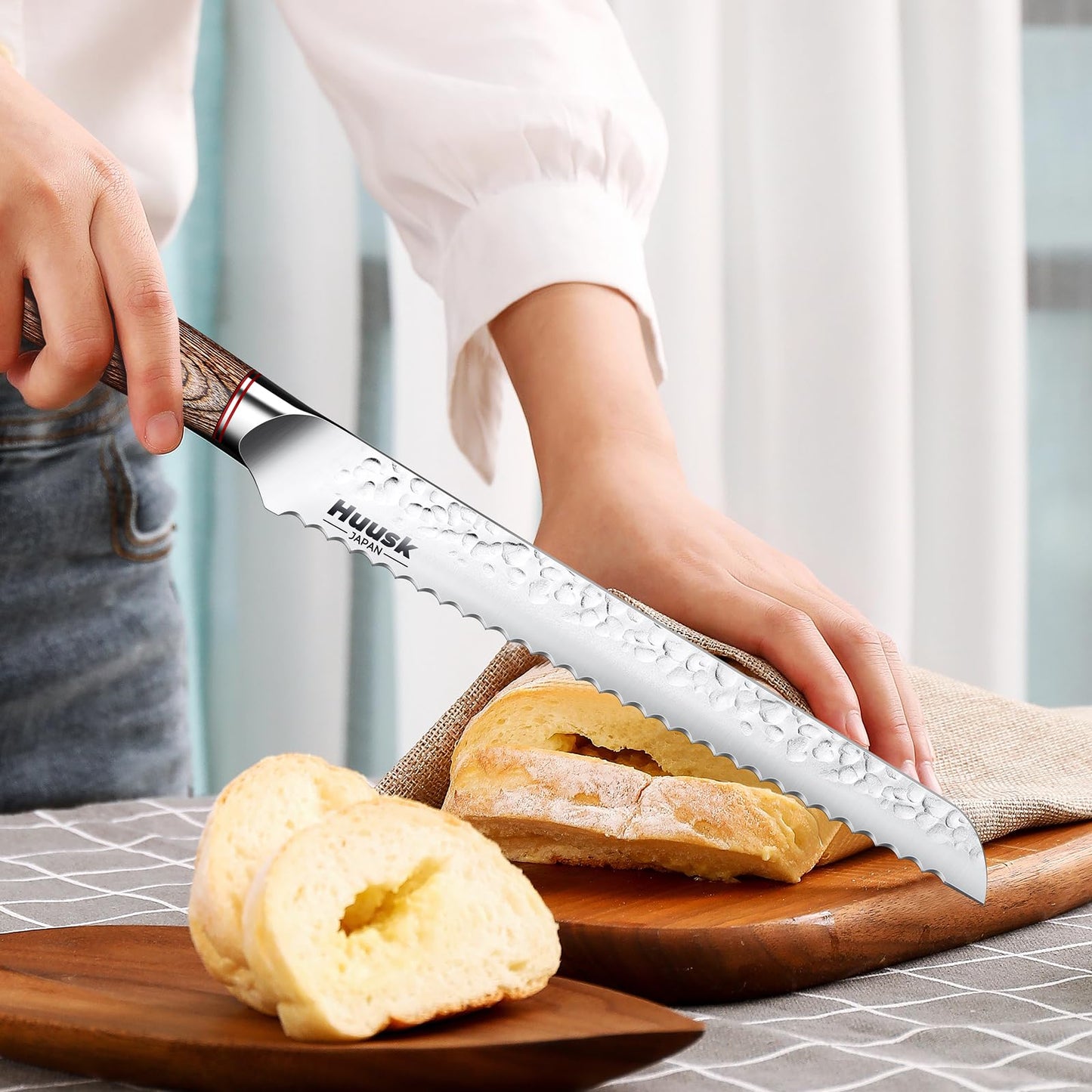 Huusk Japanese Sourdough Bread Knife - 10" Sharp Bread Slicing Knife for Homemade Cake Toast Bagel, Stainless Serrated Long Knives for Fruit Vegetable Watermelon, Gift Idea for Men Women Baking Lover