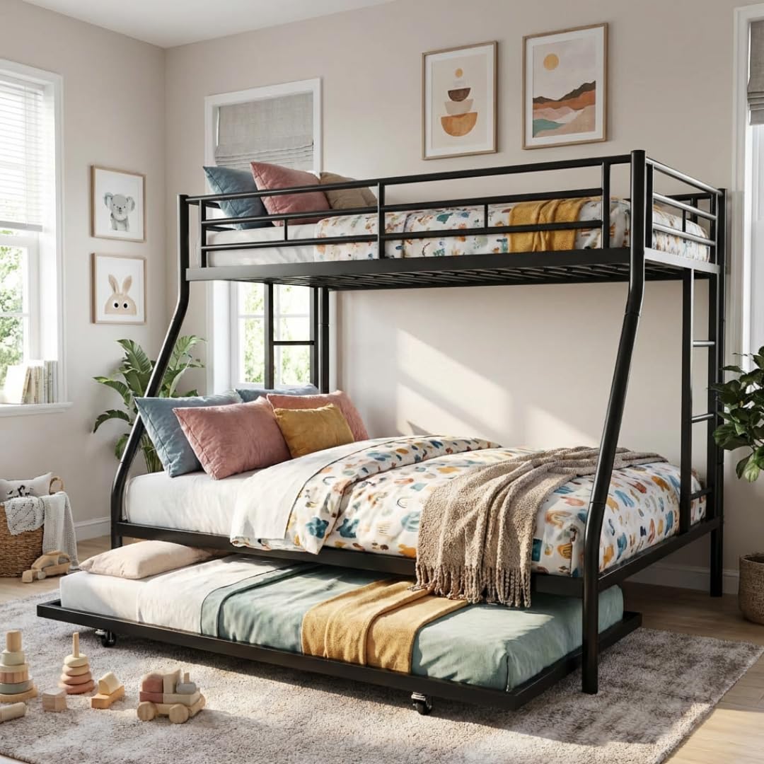Nuturelly Metal Bunk Bed Twin Over Full with Trundle, Heavy Duty Steel Frame Bunk Bed Frame with Safety Guardrails & Ladder, Space Saving 3 Beds for Kids, Teens, Dorm, Black