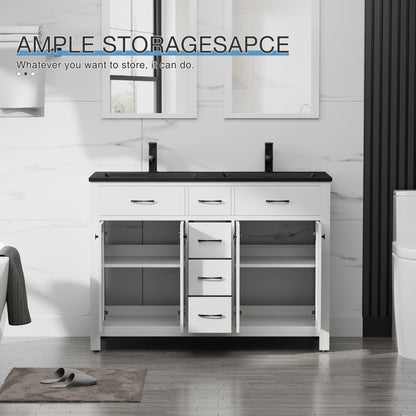 LUCKWIND 48" Modern Bathroom Vanity with Sink Combo, Contemporary Painted Storage Cabinet and Double Black Sink, Include Soft-Closing Doors & Matte Black Faucet, White