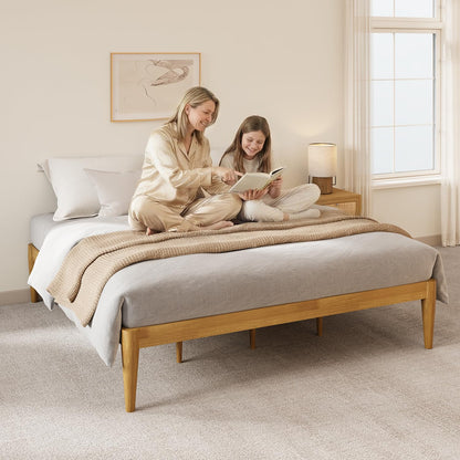 IOTXY Queen Platform Bed Frame - Solid Wood 16-Inch Height Mattress Foundation Base with Densely Slats and Heavy-Duty Support Legs, No Box Spring Needed, Oak