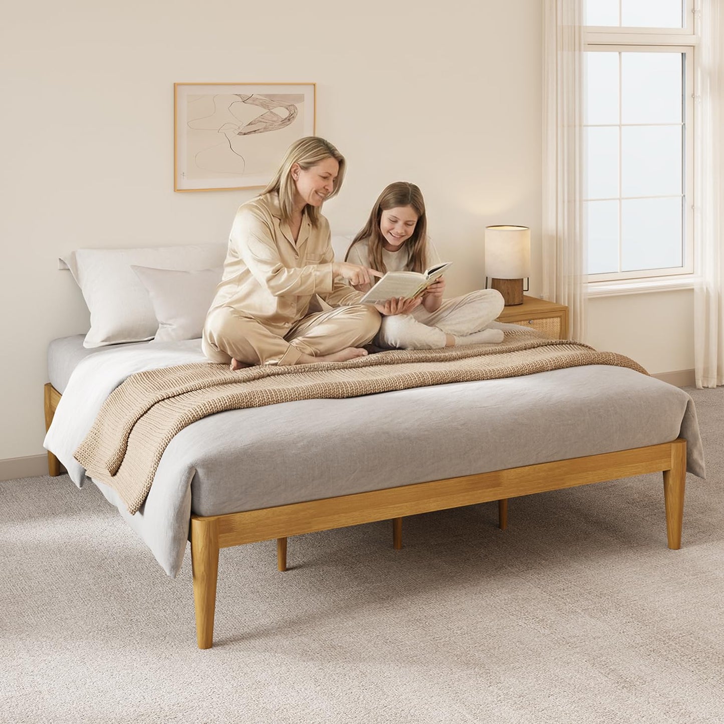 IOTXY Full Platform Bed Frame - Solid Wood 16-Inch Height Mattress Foundation Base with Densely Slats and Heavy-Duty Support Legs, No Box Spring Needed, Oak