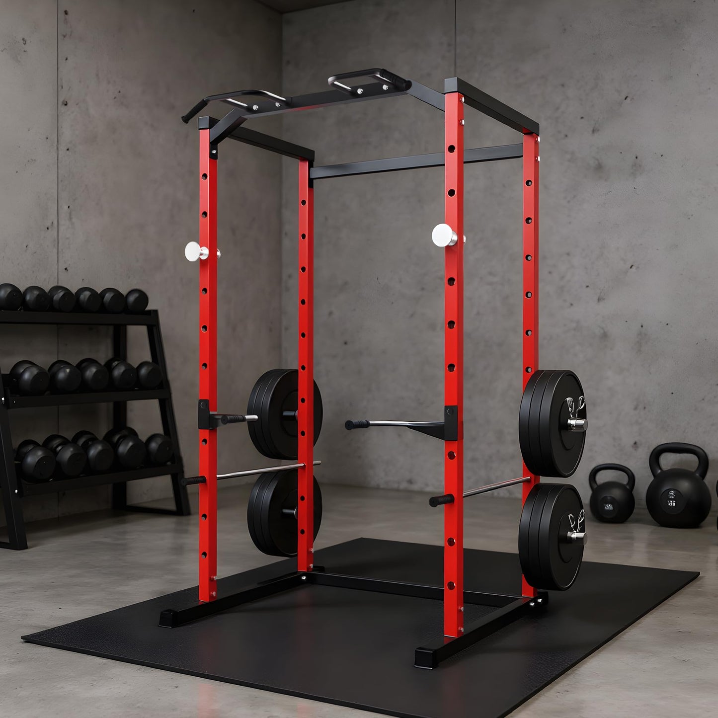 Garvee Power Cage, Squat Rack for Home Gym, 1100LB Capacity Power Rack with Pull-Up Bar, Adjustable Safety Bars, Strength Training for Home Gym, Red