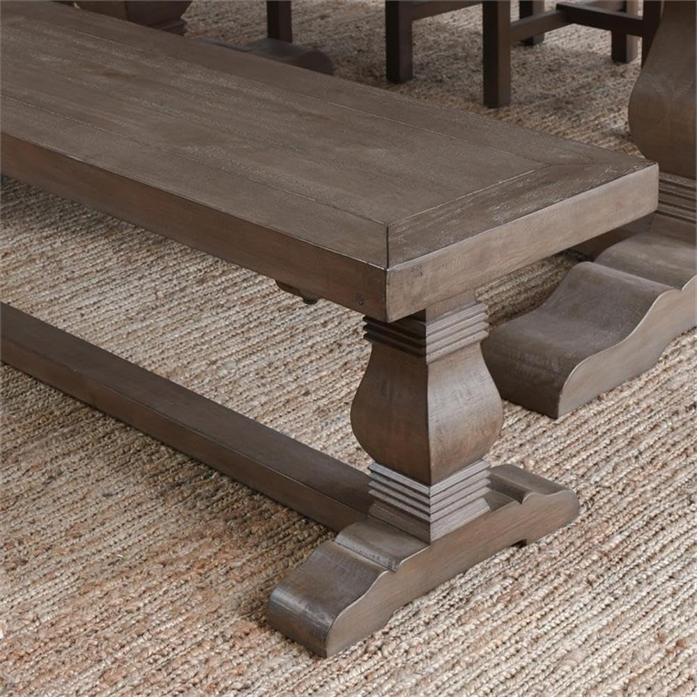 MAKLAINE 83" Transitional Reclaimed Pine Wood Bench, Weathered Brown Finish, Hand Carved Pedestal Base, Seats Up to 4, Rustic Kitchen or Dining Room Seating