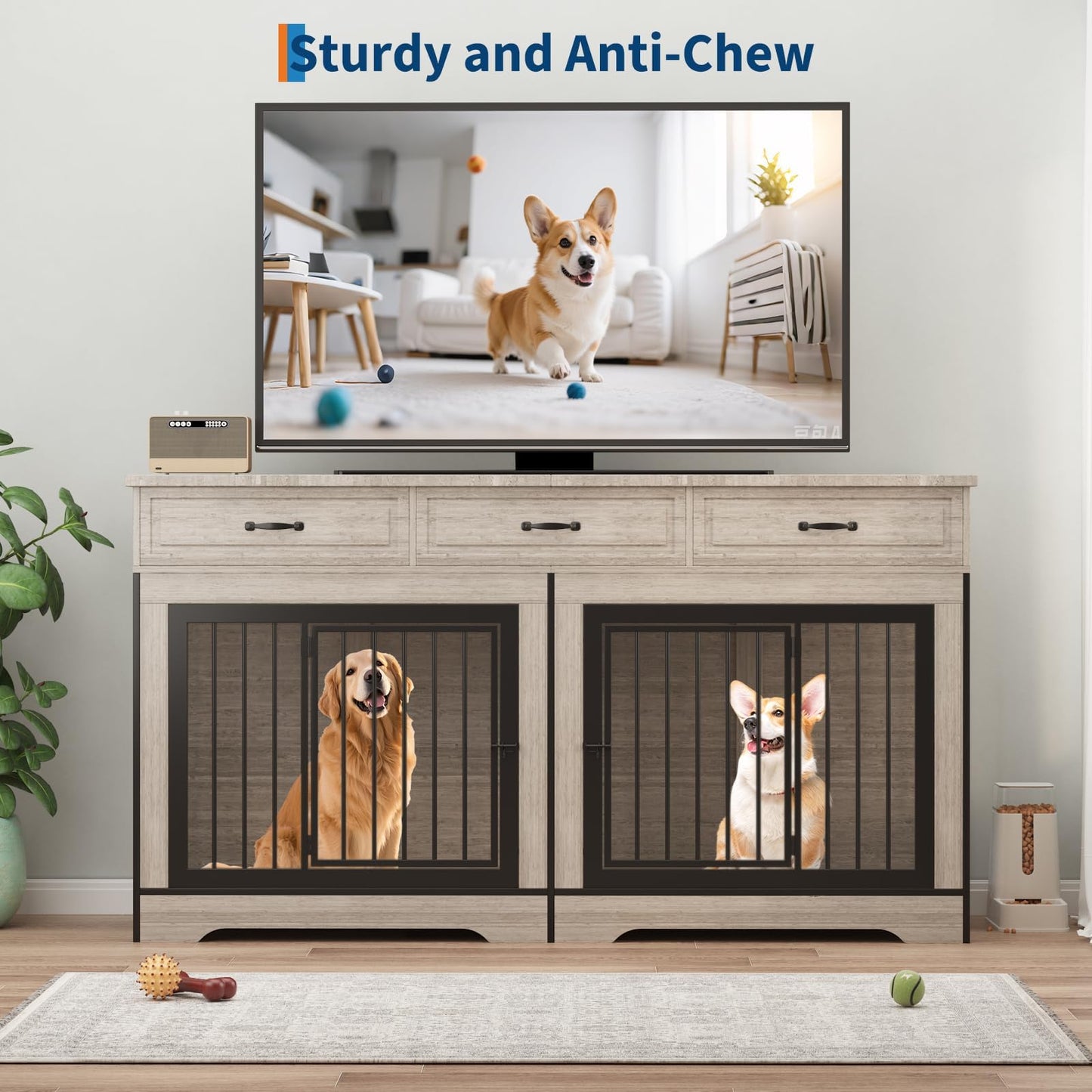 Extra Large Double Dog Crate Furniture – 70.9" Heavy Duty Wooden Kennel for 2 Medium or Large Dogs, Decorative End Table with 3 Drawers, TV Stand, Indoor Dog Cage with Double Doors