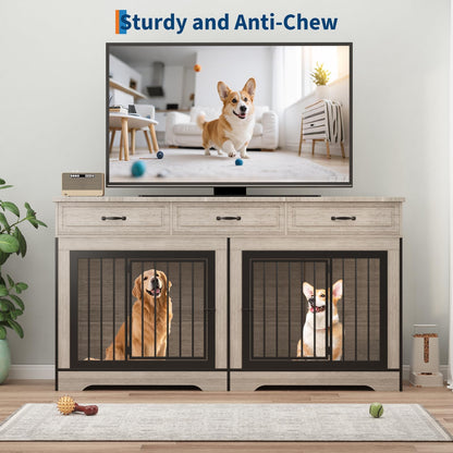 Extra Large Double Dog Crate Furniture – 70.9" Heavy Duty Wooden Kennel for 2 Medium or Large Dogs, Decorative End Table with 3 Drawers, TV Stand, Indoor Dog Cage with Double Doors