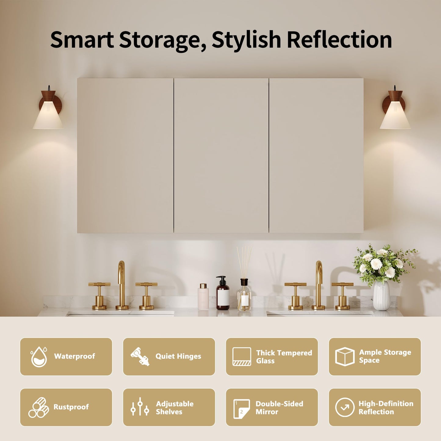 DeerValley Medicine Cabinet with Mirror, 48" W x 26" H Bathroom Mirror with Storage, 3 Doors Frameless Modern Wall Mount Mirrored Medicine Cabinets with 2 Adjustable Shelves DV-1MC0149