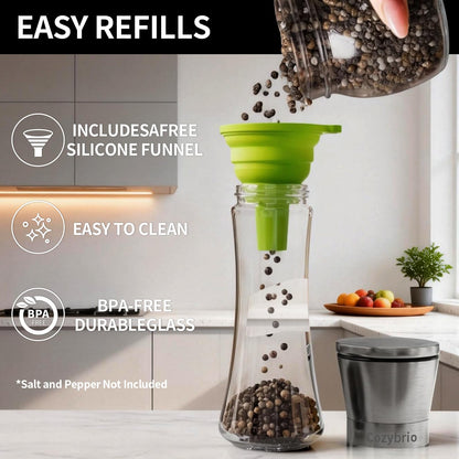 Premium Salt and Pepper Grinder Set of 2, Refillable Stainless Steel Spice Shakers with Adjustable Coarseness, Easy Clean Durable Ceramic Mills, Include Silicone Funnel & Cleaning Brush (7.5"H-2 Pack)